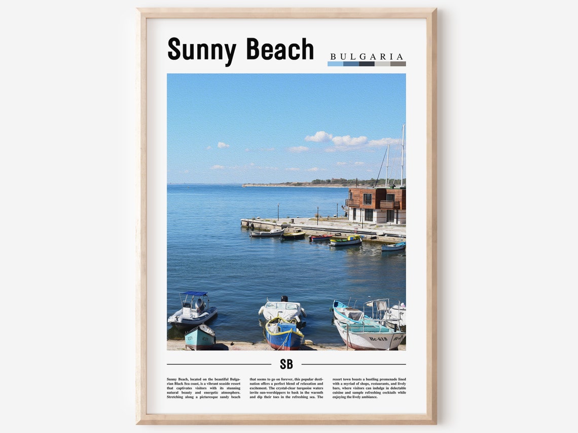 Sunny Beach Bulgaria Colorful Harbor Boats Black Sea Travel Poster
