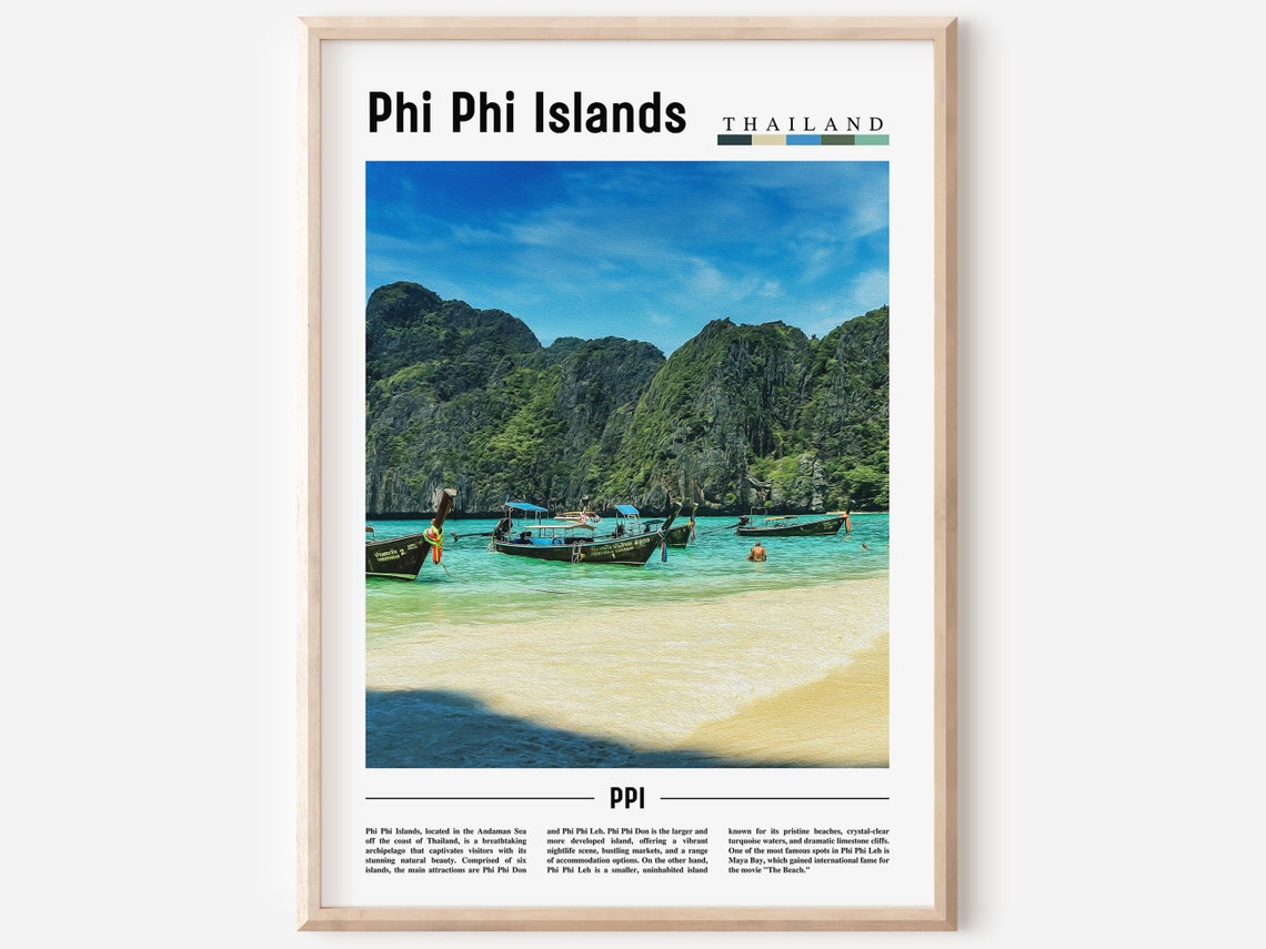 Phi Phi Islands Thailand Longtail Boats Beach Cliffs Travel Poster