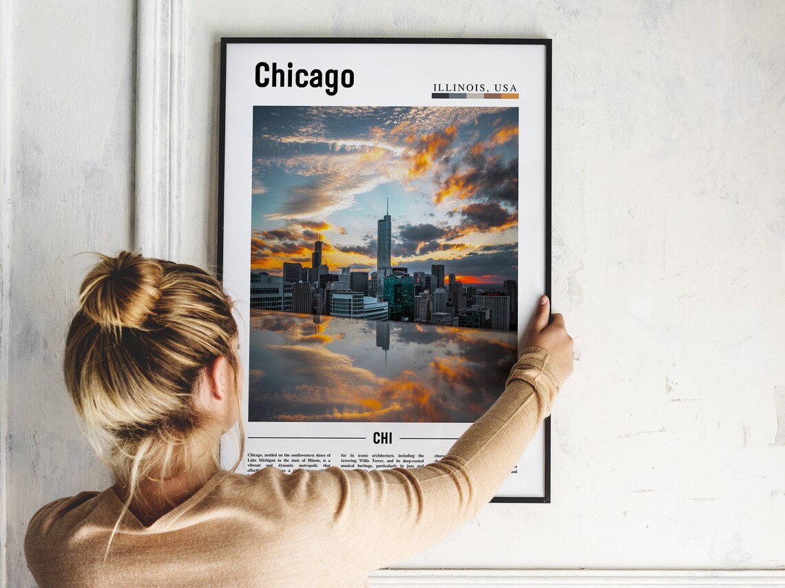 Chicago Sunset Skyline Poster Lake Michigan Reflection City Dusk Art - Image 2