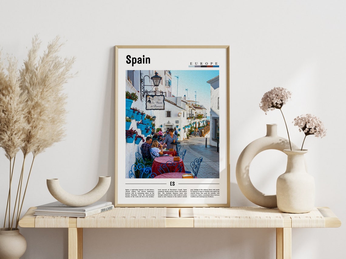 Spain Whitewashed Village Street Cafe Europe Travel Art Poster - Image 3