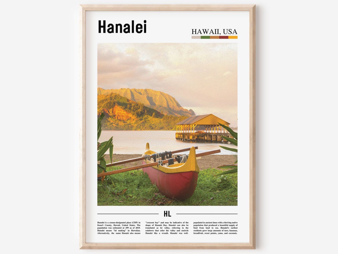 Hanalei Hawaii Canoe Beach Pier Golden Sunset Ocean Travel Poster