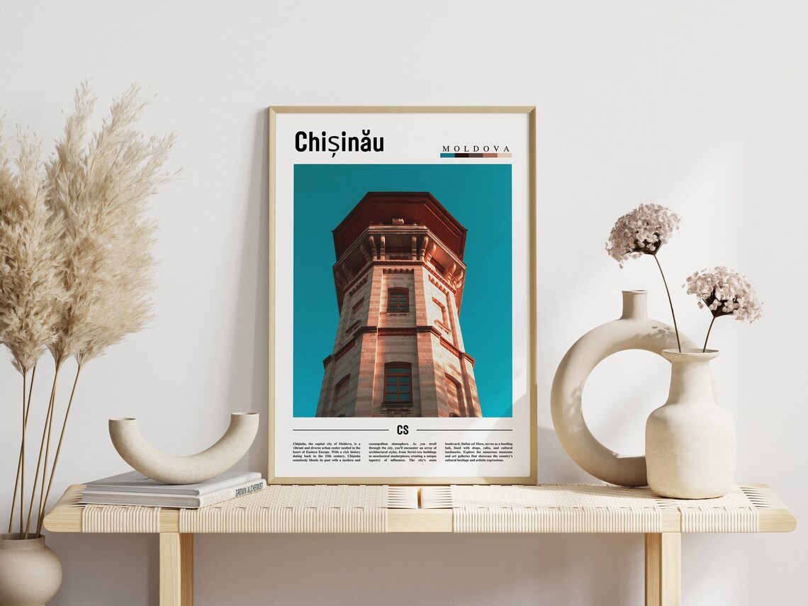 Chisinau Moldova Minimal Travel Poster Water Tower Teal Sky Photo Art - Image 3