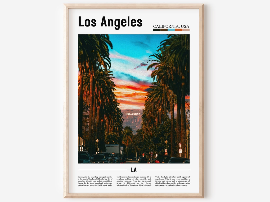 Los Angeles Hollywood Sign Between Palm Trees Sunset Travel Poster