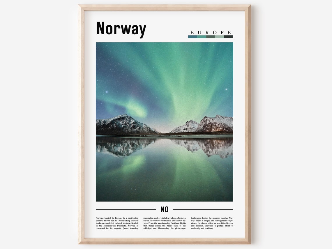 Norway Europe Northern Lights Aurora Snowy Mountains Lake Poster