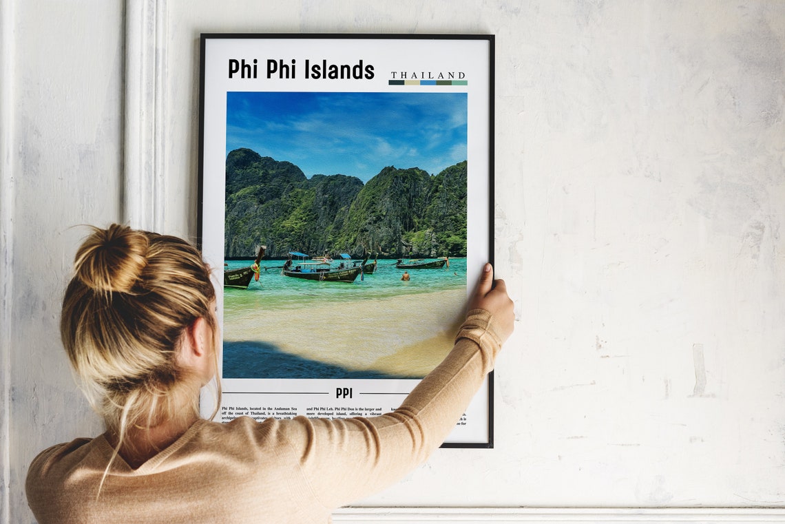 Phi Phi Islands Thailand Longtail Boats Beach Cliffs Travel Poster - Image 2