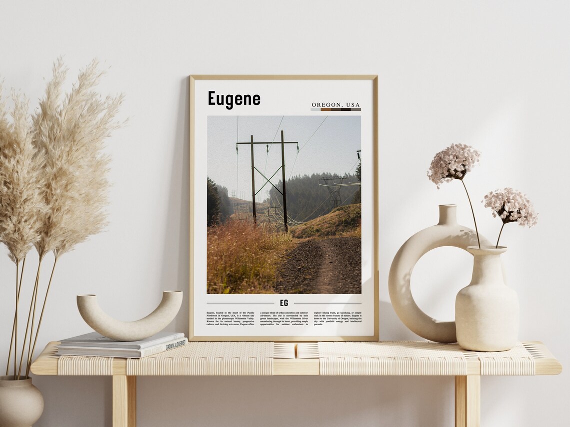 Eugene Oregon Rural Power Lines Hillside Golden Field Travel Poster - Image 3