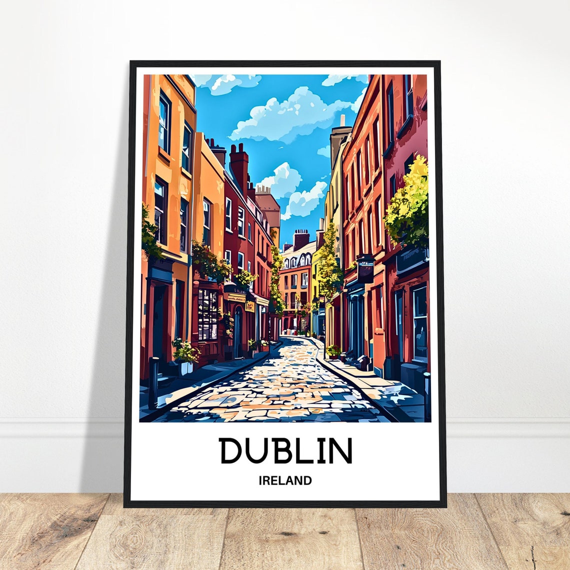 Dublin Ireland Cobblestone Street Colorful Buildings Travel Poster