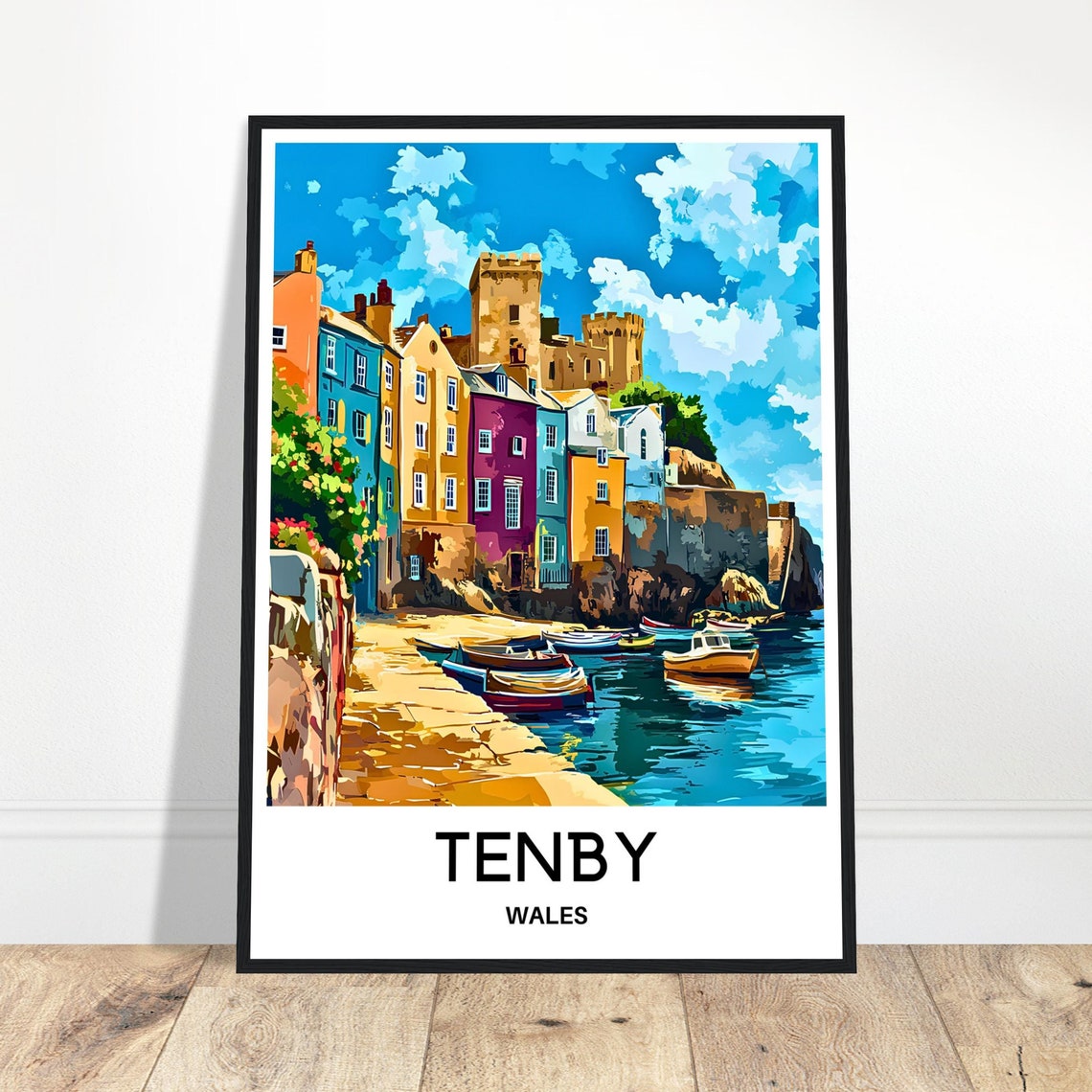Tenby Wales Colorful Harbor Town Castle Cliffside Boats Poster