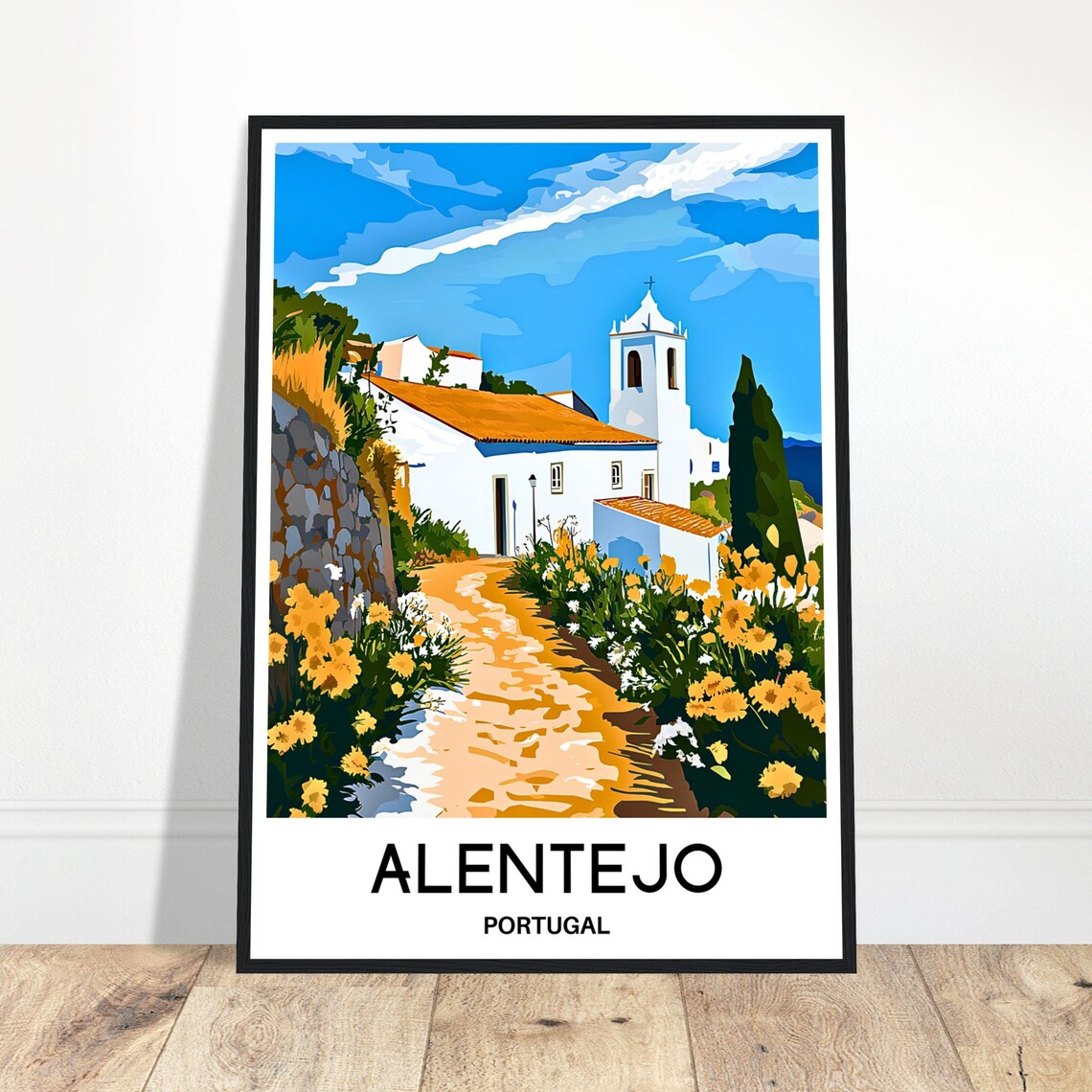 Alentejo Portugal Whitewashed Church Yellow Flowers Travel Poster