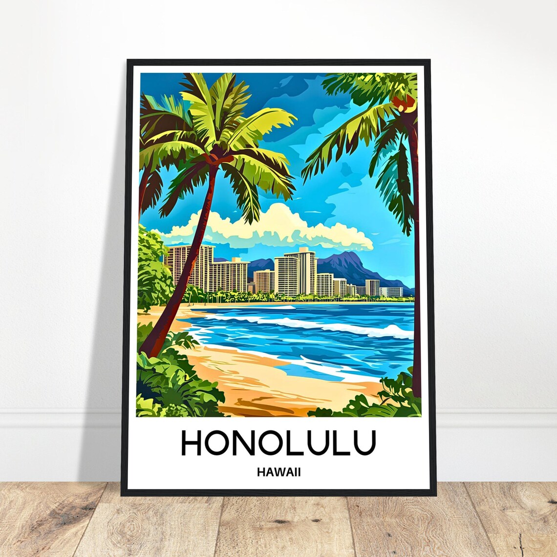 Honolulu Hawaii Waikiki Beach Palm Trees Ocean Travel Poster