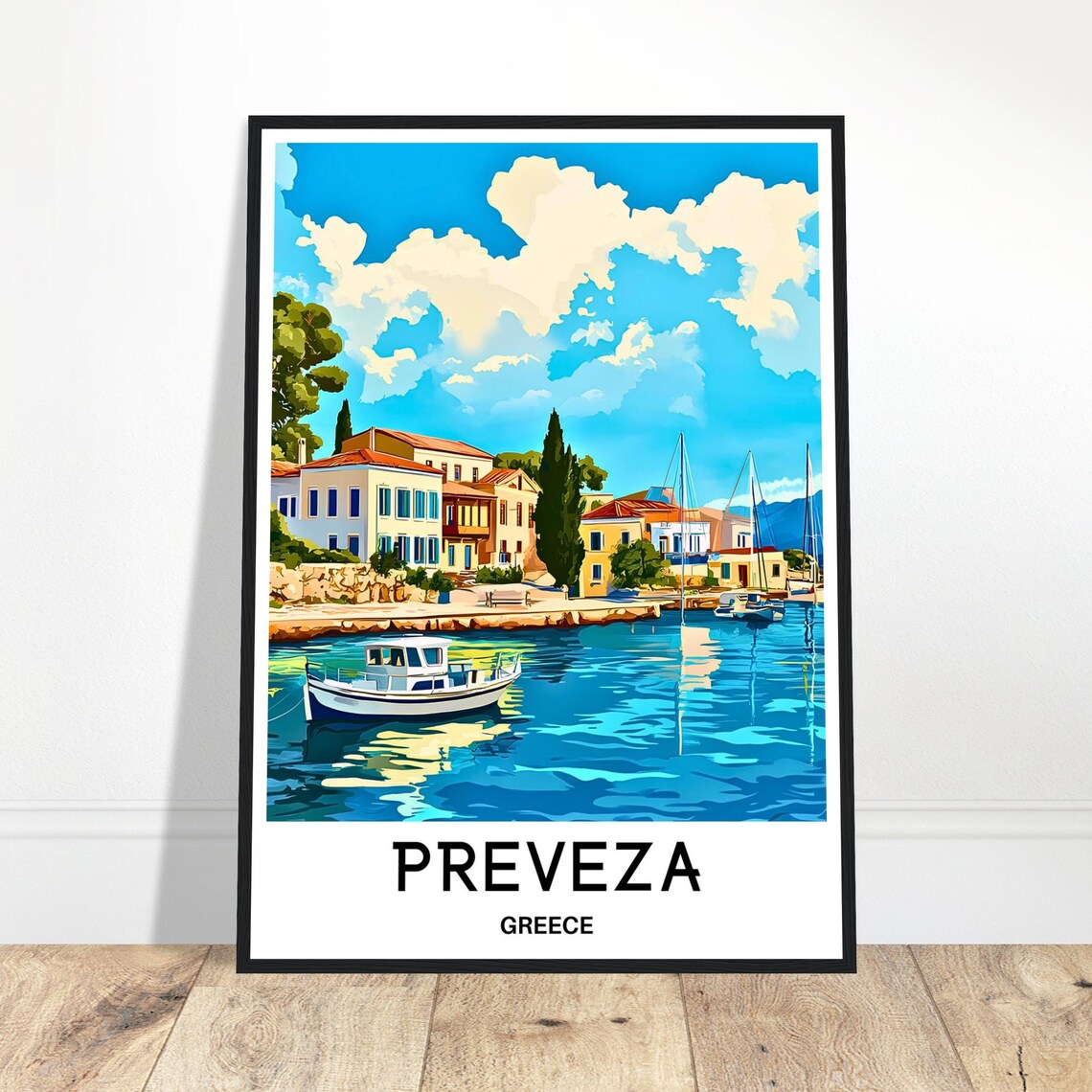Preveza Greece Harbor Boats Waterfront Coastal Town Travel Poster