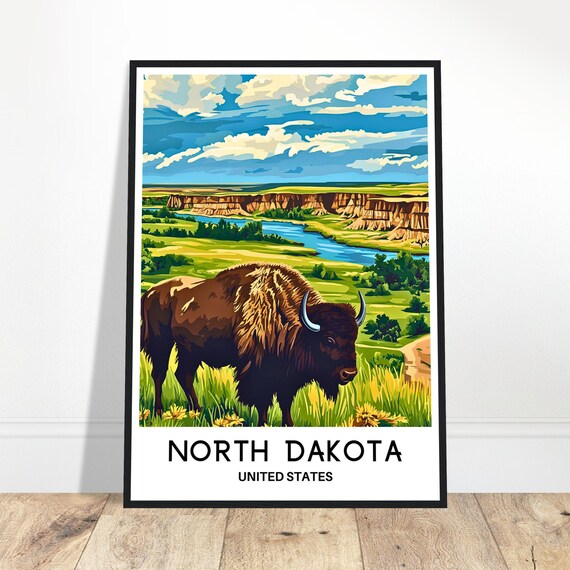 North Dakota Bison River Badlands United States Travel Art Poster