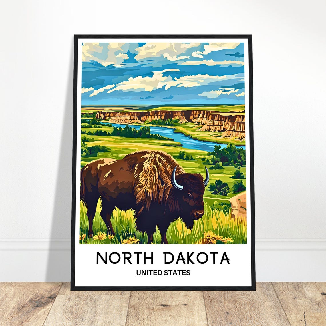North Dakota Bison River Badlands United States Travel Art Poster
