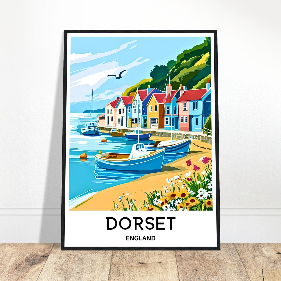 Dorset England Harbor Travel Poster Colorful Boats Illustration