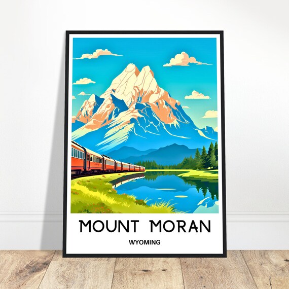 Mount Moran Wyoming Snow Peak Red Train Lake Reflection Travel Poster