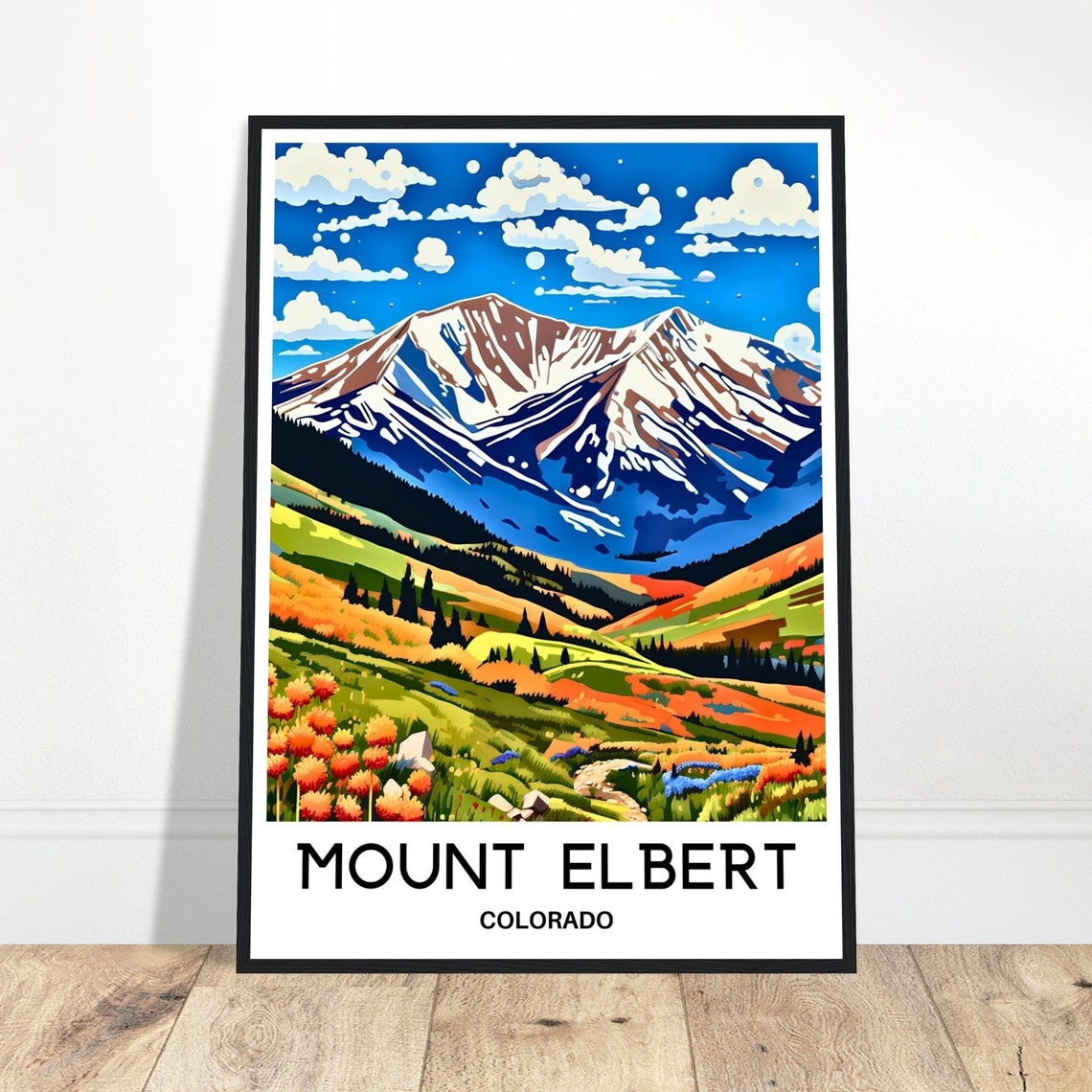 Mount Elbert Colorado Snowy Peak Autumn Meadow Travel Poster