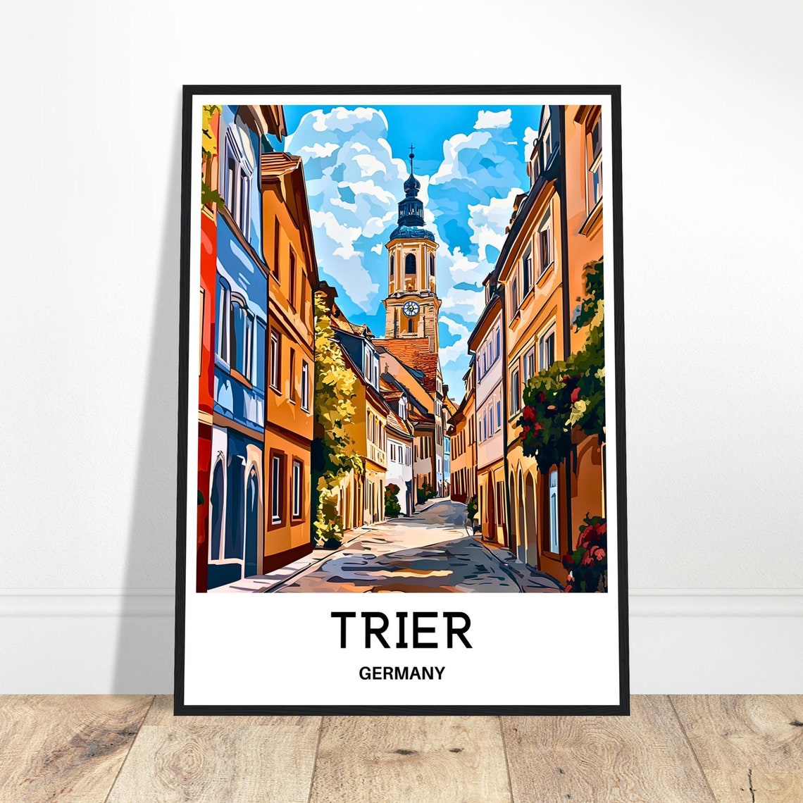 Trier Germany Old Town Clock Tower Cobblestone Street Poster