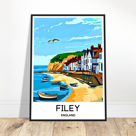 Filey Travel Print Town Poster English Art England Lover Gift Wall Hanging North Yorkshire Illustration Home Office Decor