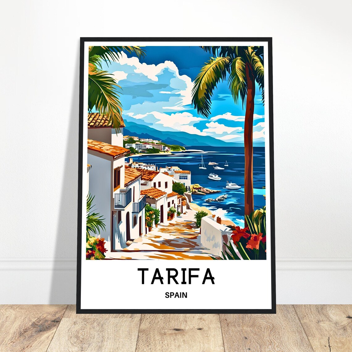 Tarifa Spain Old Town Street White Houses Palm Trees Bay View Poster