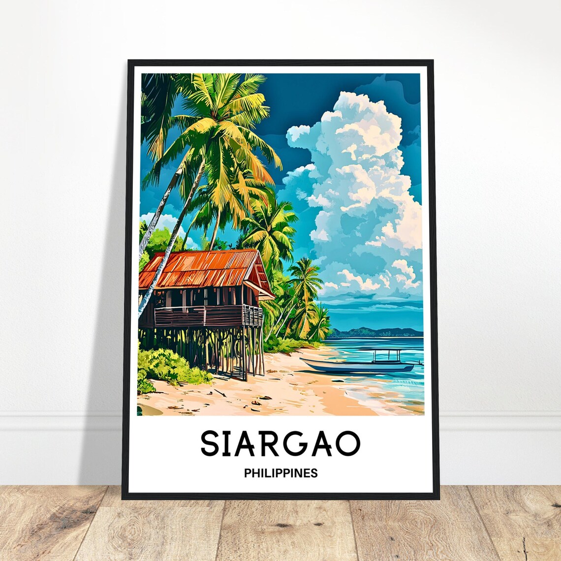 Siargao Philippines Palm Beach Stilt Hut Fishing Boat Poster