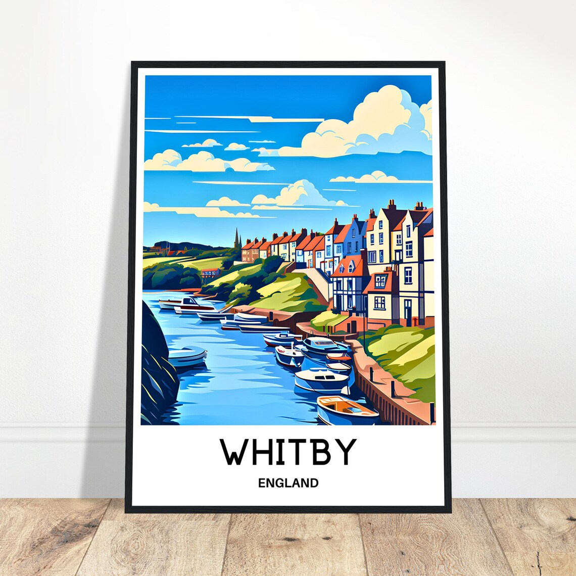 Whitby England River Harbor Boats Hillside Town Travel Poster