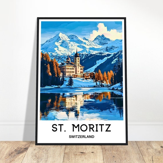 St Moritz Travel Print St Moritz Poster Swiss Art Print Switzerland Lover Gift Wall Hanging Art Home Office Decor St Moritz Illustration