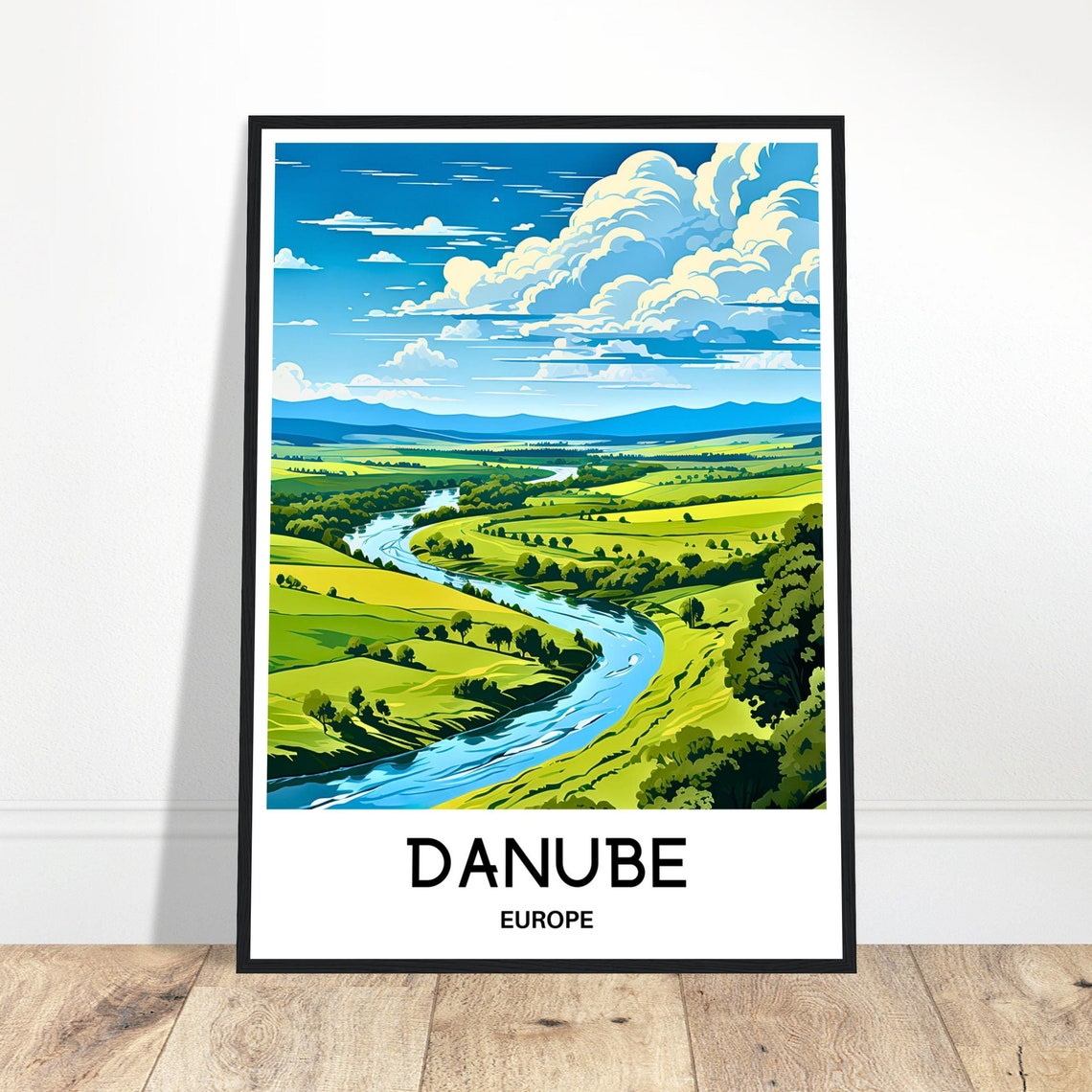 Danube River Rolling Green Valley Distant Mountains Europe Poster