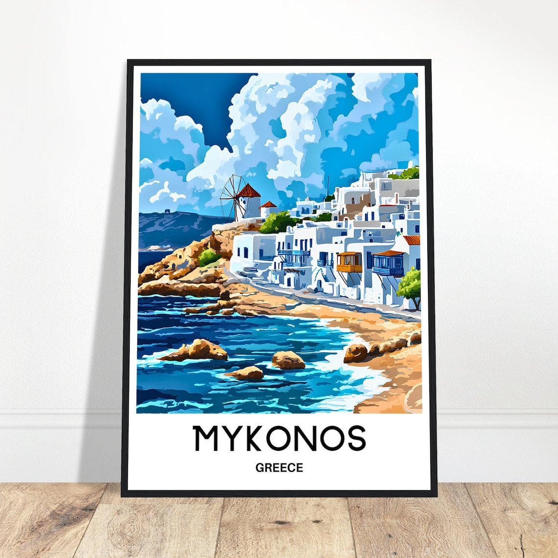 Mykonos Greece Whitewashed Houses Windmill And Blue Sea Travel Poster