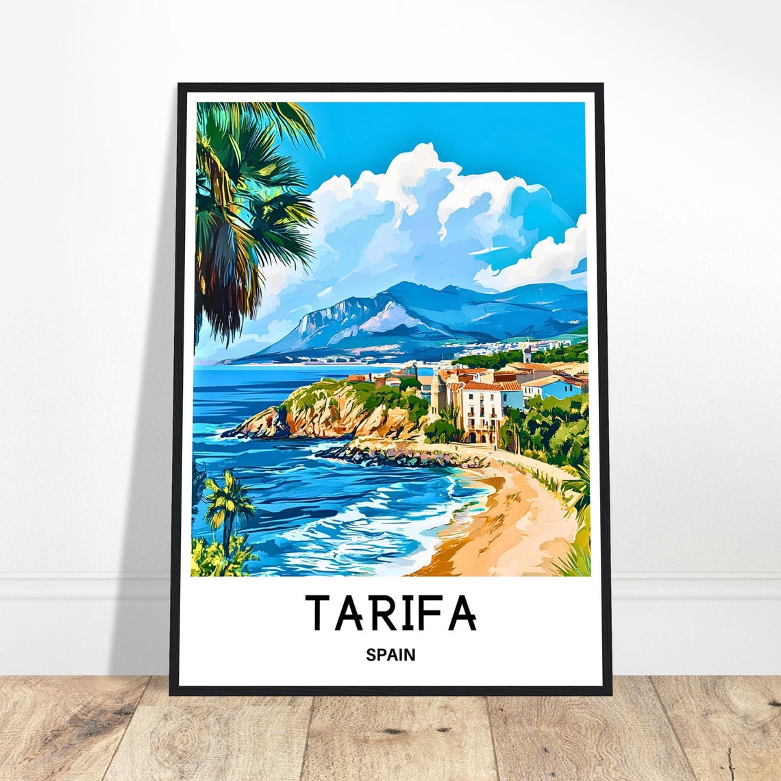 Tarifa Spain Coastal Beach with Palm Trees and Cliffs Poster