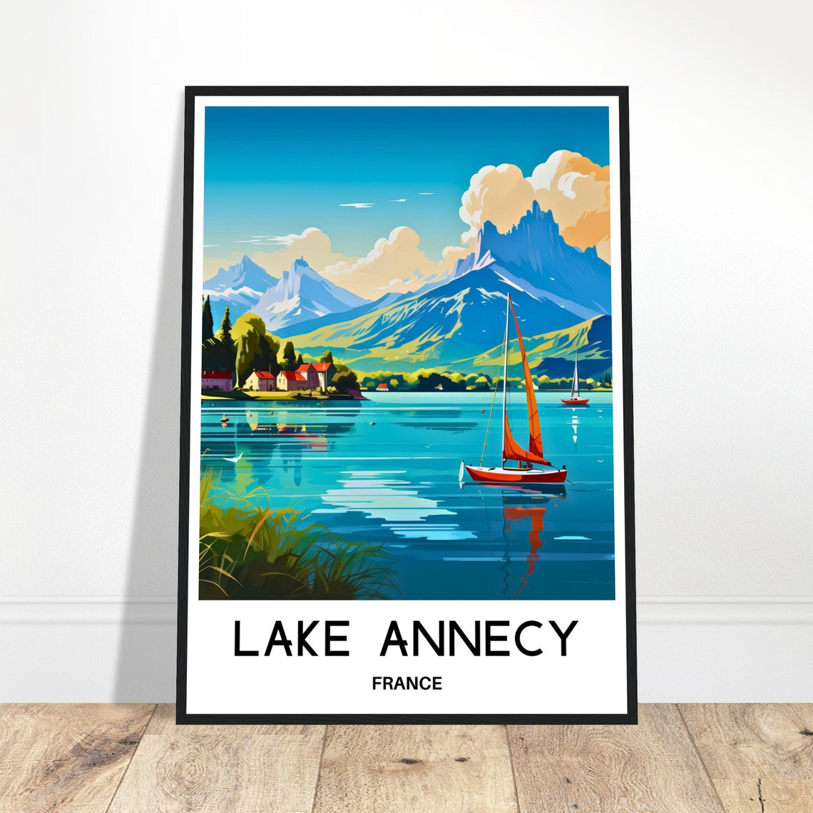 Lake Annecy Travel Print Lake Annecy Poster French Art Print France Lover Gift Wall Hanging Art Home Office Decor Lake Annecy Illustration