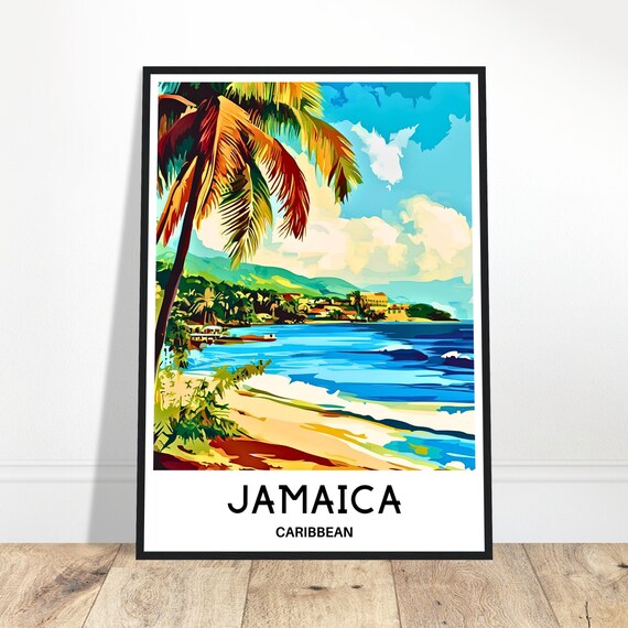 Jamaica Caribbean Travel Poster Palm Beach Coastal Town Tropical Art