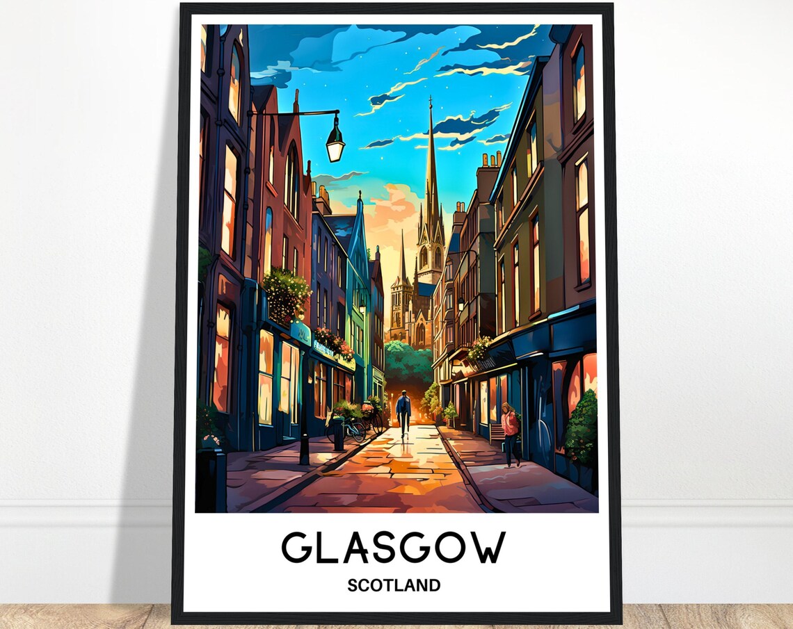 Glasgow Scotland Evening Old Street Church Spire Glow Travel Poster
