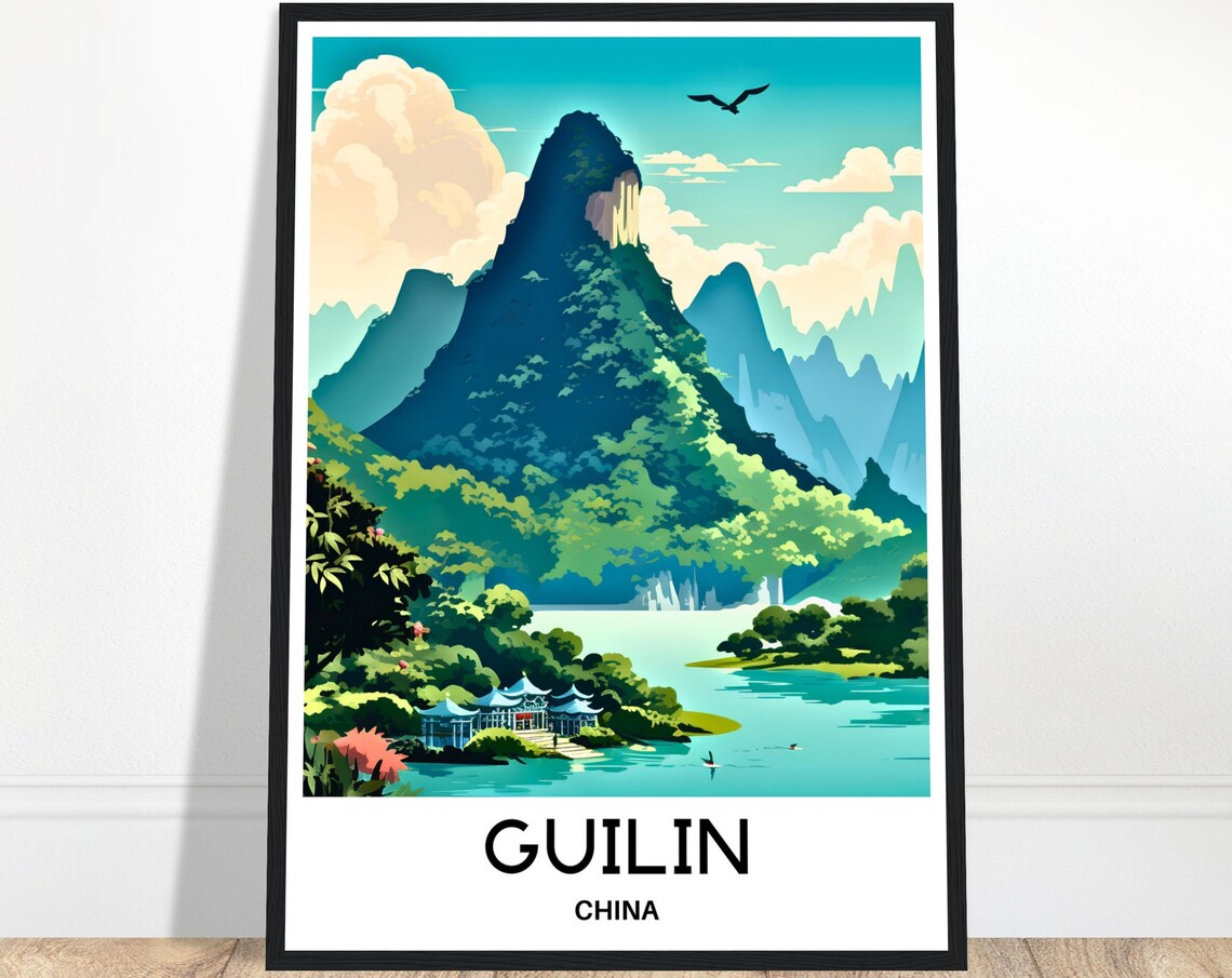 Guilin China Karst Peak River Pavilion Calm Water Travel Poster