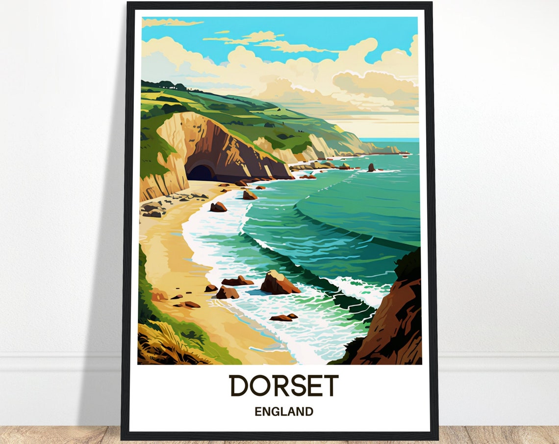 Dorset England Dramatic Coastal Cliffs Beach Vintage Travel Art Poster