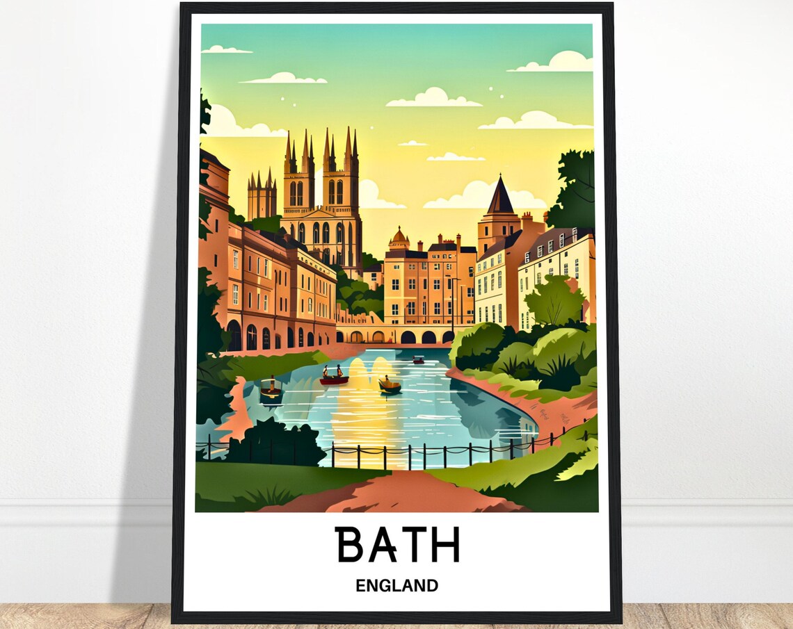 Bath England Abbey River Boats Golden Sunset Scene Travel Poster