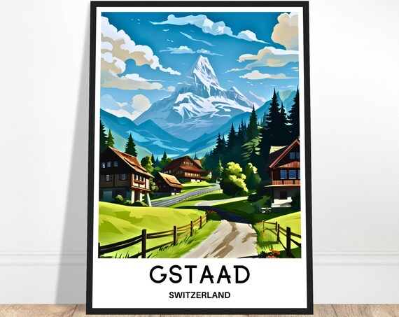 Gstaad Travel Print Town Poster Swiss Art Switzerland Lover Gift Wall Hanging Home Office Decor Illustration