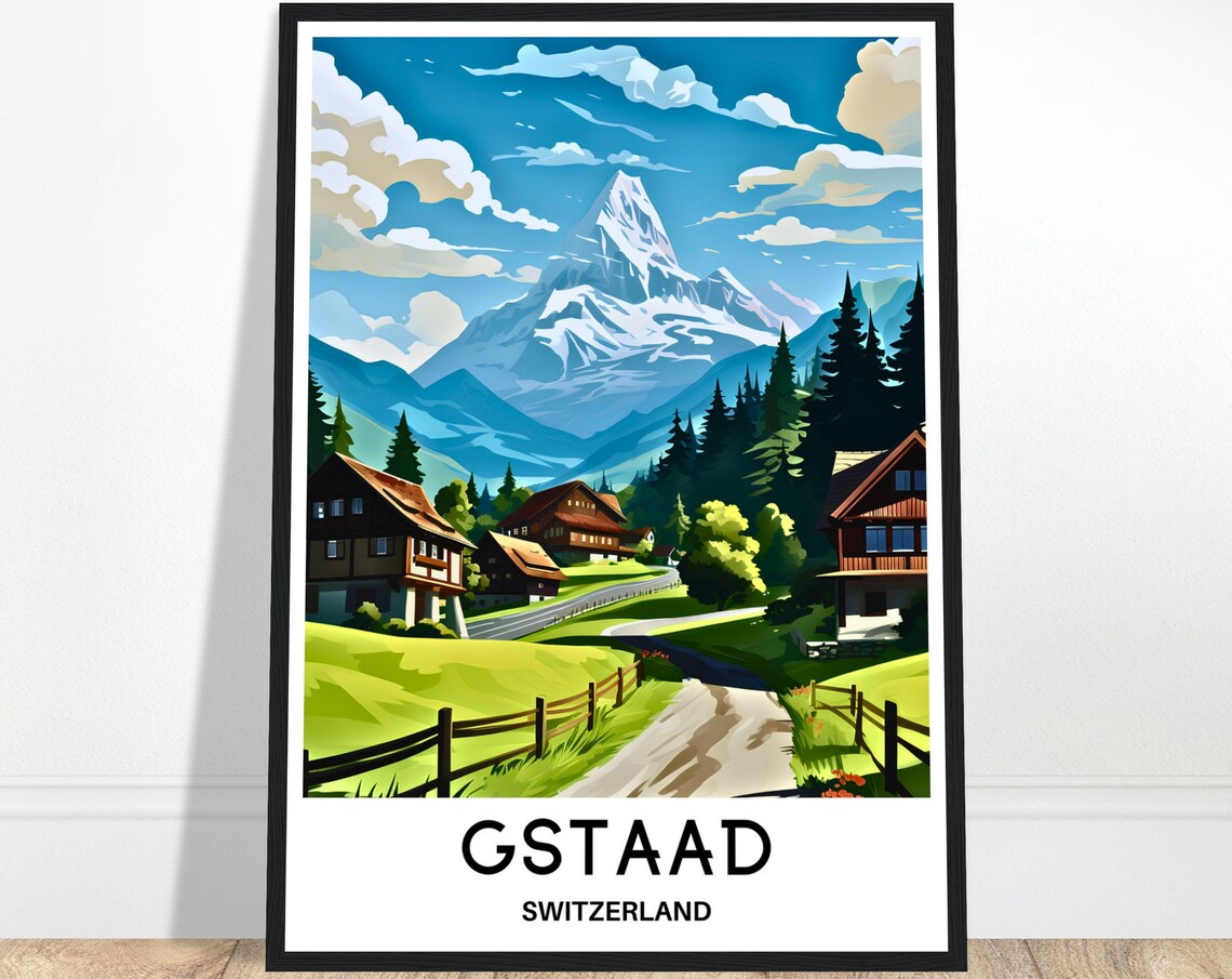 Gstaad Switzerland Alpine Village Mountain Chalet Travel Poster