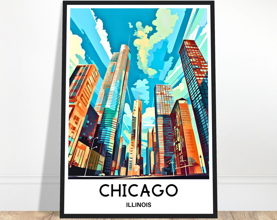 Chicago Illinois Downtown Skyscrapers Colorful Street View Poster