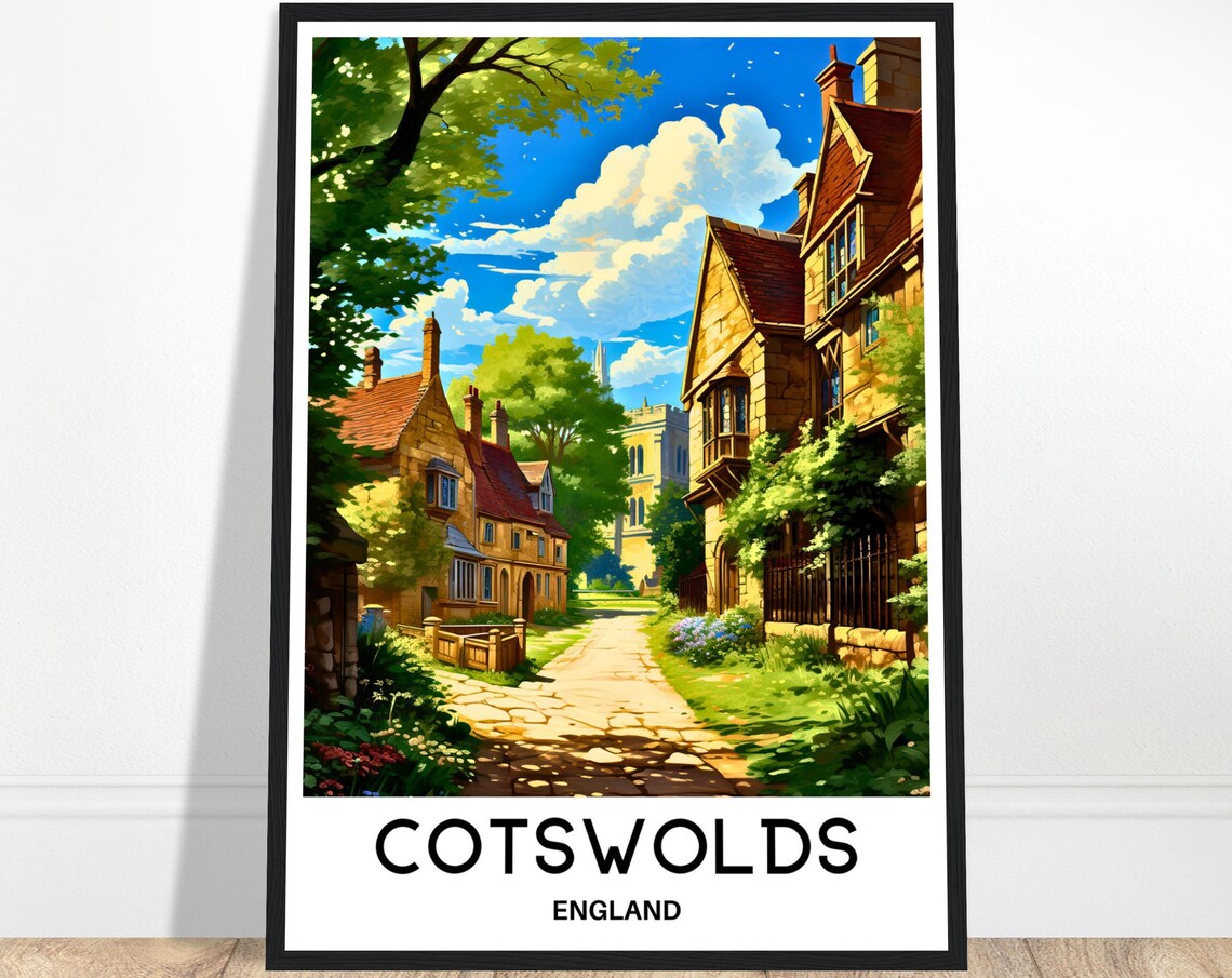 Cotswolds England Travel Poster of a Stone Village Lane in Summer