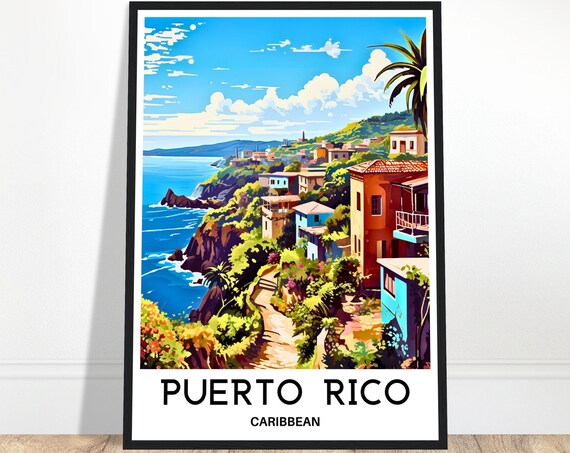 Puerto Rico Caribbean Coastal Cliffs Colorful Town Travel Poster