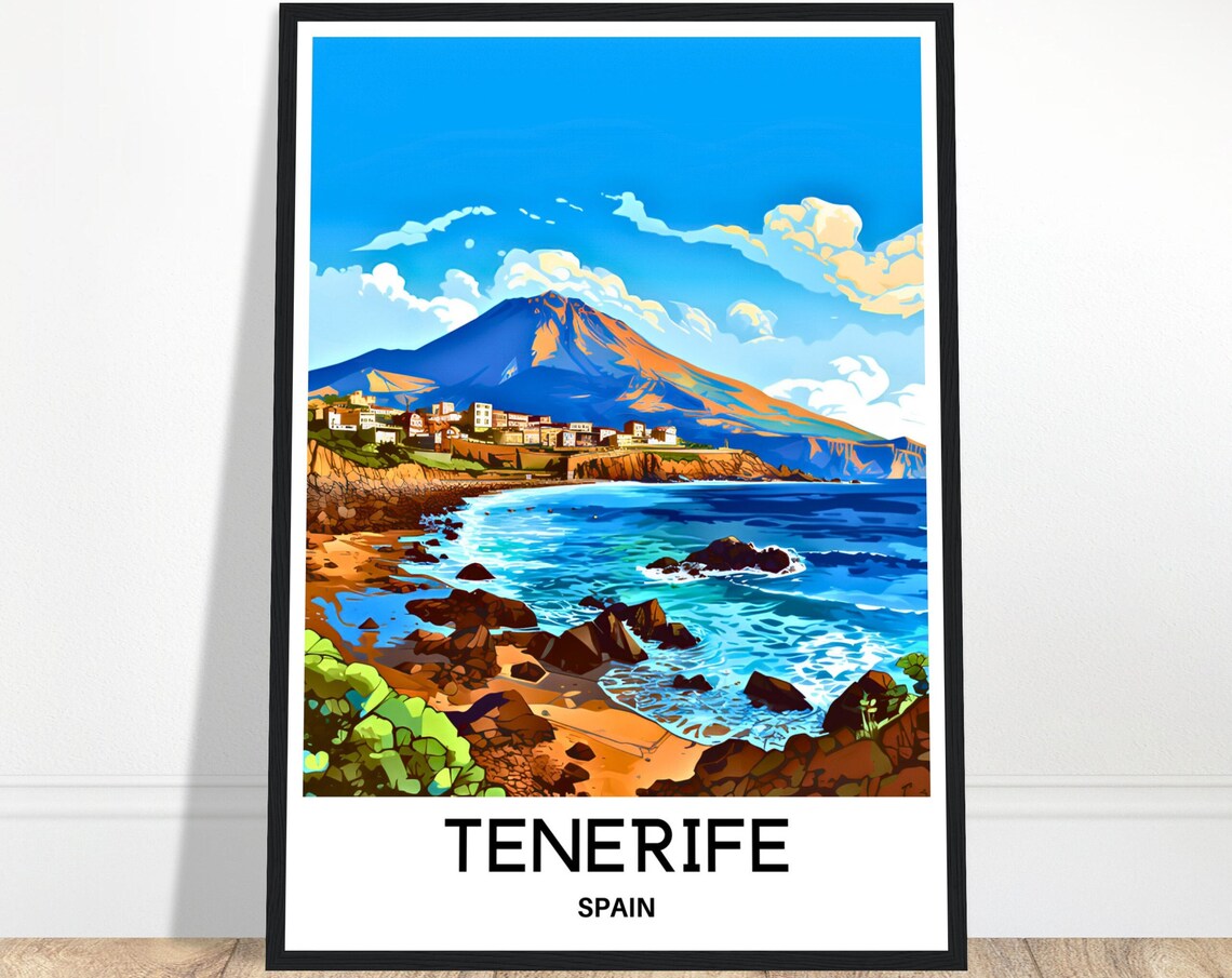 Tenerife Spain Rocky Shore With Mount Teide View Travel Poster