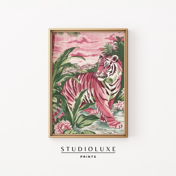 Vintage Toile Tiger Print Tropical Jungle Art Bohemian Wall Dopamine Decor Trendy Apartment