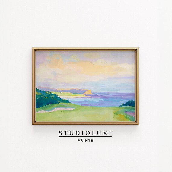 Pastel Coastal Cliffs Lavender Sea Sunset Landscape Art Poster