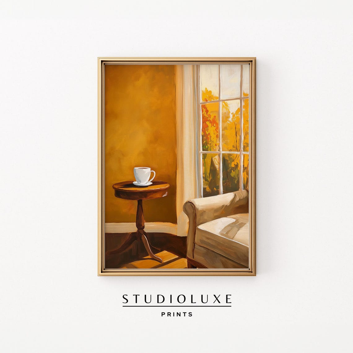 Cozy Golden Sitting Room Warm Coffee Cup by Window Autumn Poster