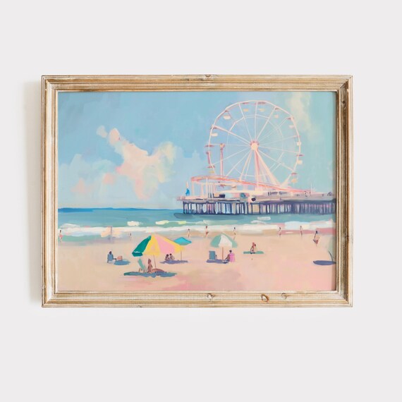Beach Pier Ferris Wheel Colorful Vintage Seaside Amusement Poster