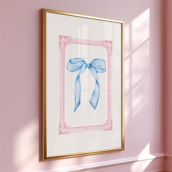Blue Watercolor Bow with Tails in Pink Ornate Frame Coquette Art Print