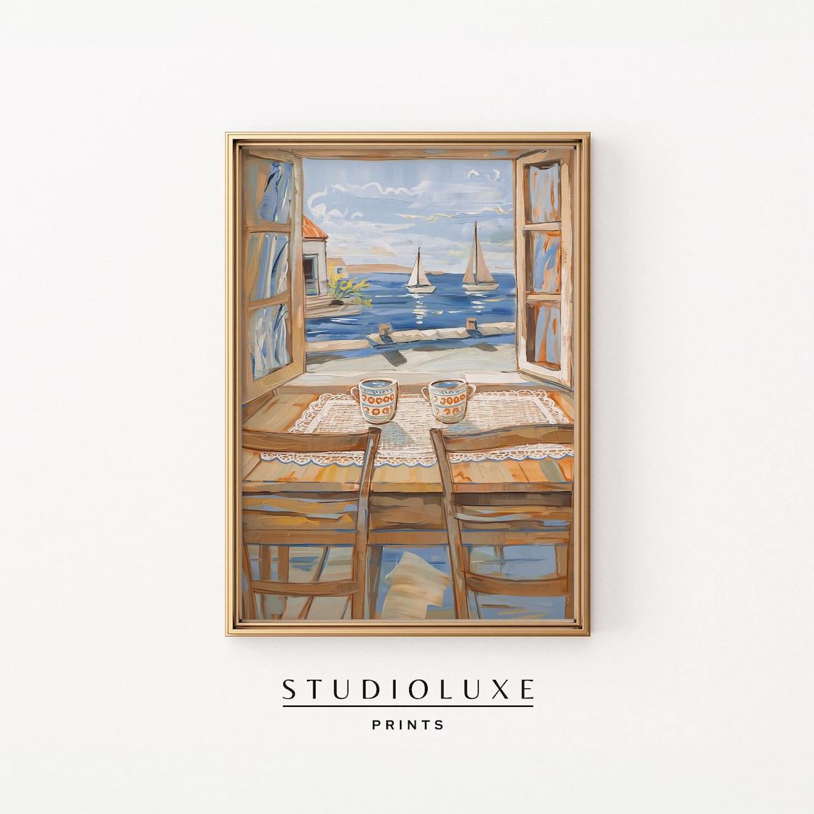 Coffee Cups on a Table Overlooking Sailboats Sea View Painting Print