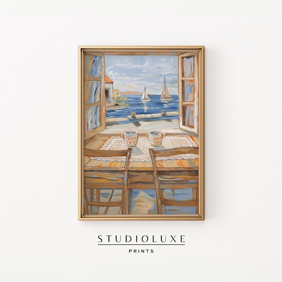 Coffee Cups on a Table Overlooking Sailboats Sea View Painting Print