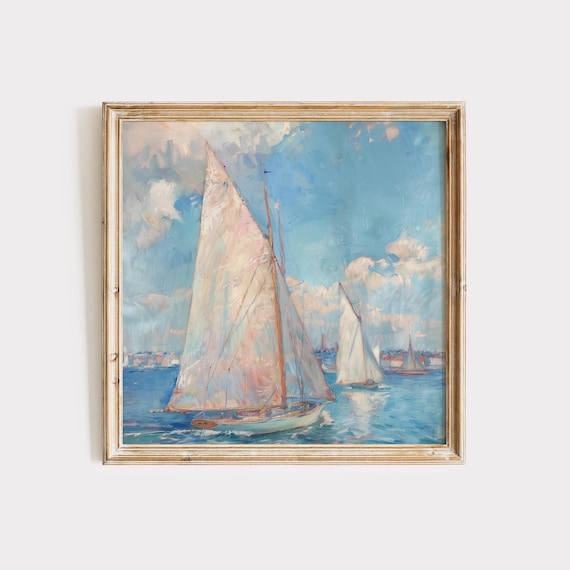 Impressionist Sailboats Gliding on a Sunlit Blue Harbor Poster