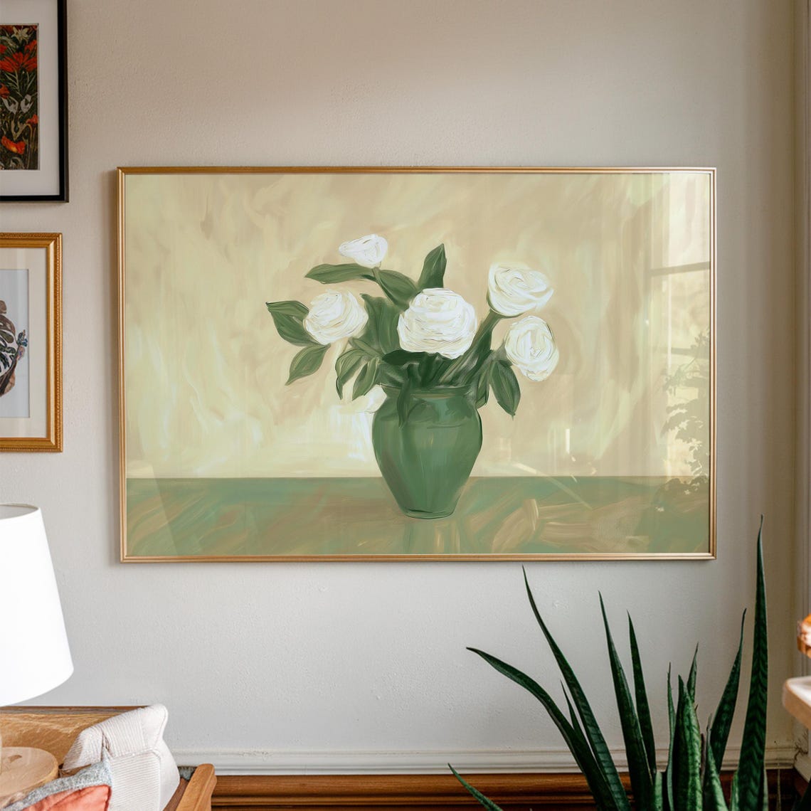Cream White Roses Green Vase Impressionist Floral Still Life Poster